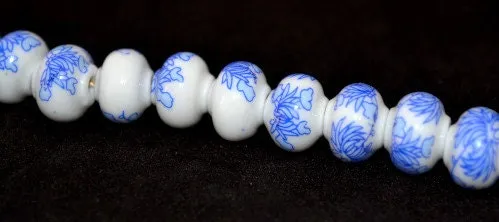 12 x15mm Blue Floral Painted Beautiful Painted Porcelain Japanese Beads 1 strand of 17Pcs 2mm hole Size 53grams/pk