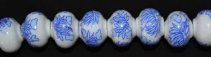 12 x15mm Blue Floral Painted Beautiful Painted Porcelain Japanese Beads 1 strand of 17Pcs 2mm hole Size 53grams/pk