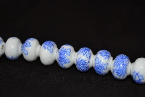 12 x15mm Blue Floral Painted Beautiful Painted Porcelain Japanese Beads 1 strand of 17Pcs 2mm hole Size 53grams/pk