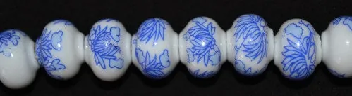 12 x15mm Blue Floral Painted Beautiful Painted Porcelain Japanese Beads 1 strand of 17Pcs 2mm hole Size 53grams/pk