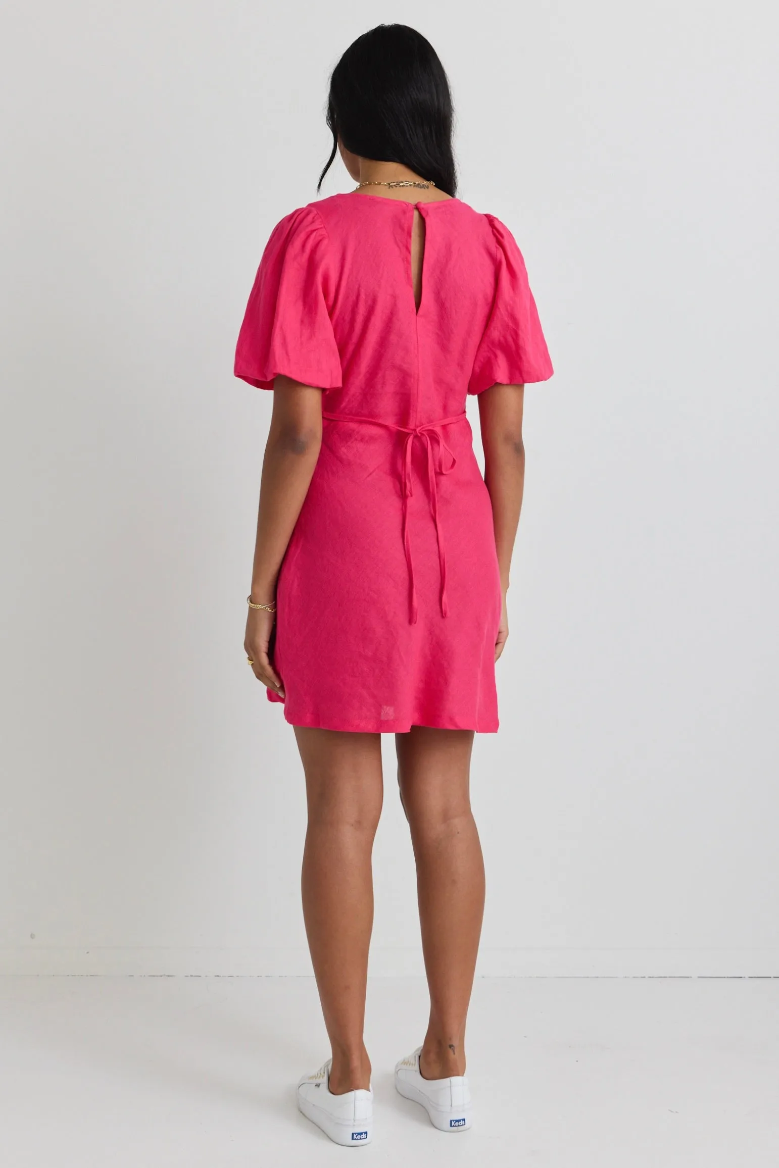 Amour Hot Pink Linen Bubble Sleeve Mini Dress