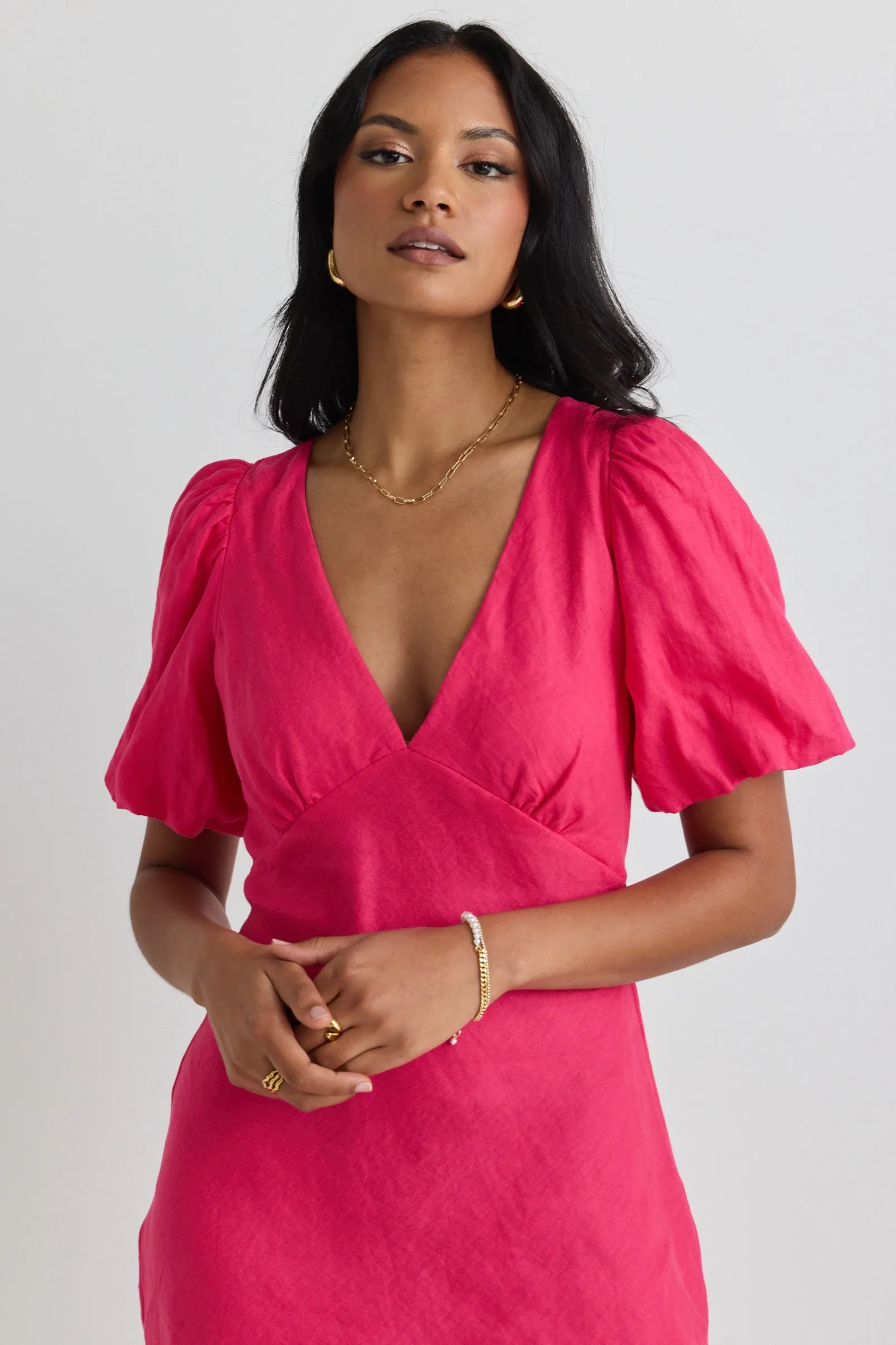 Amour Hot Pink Linen Bubble Sleeve Mini Dress