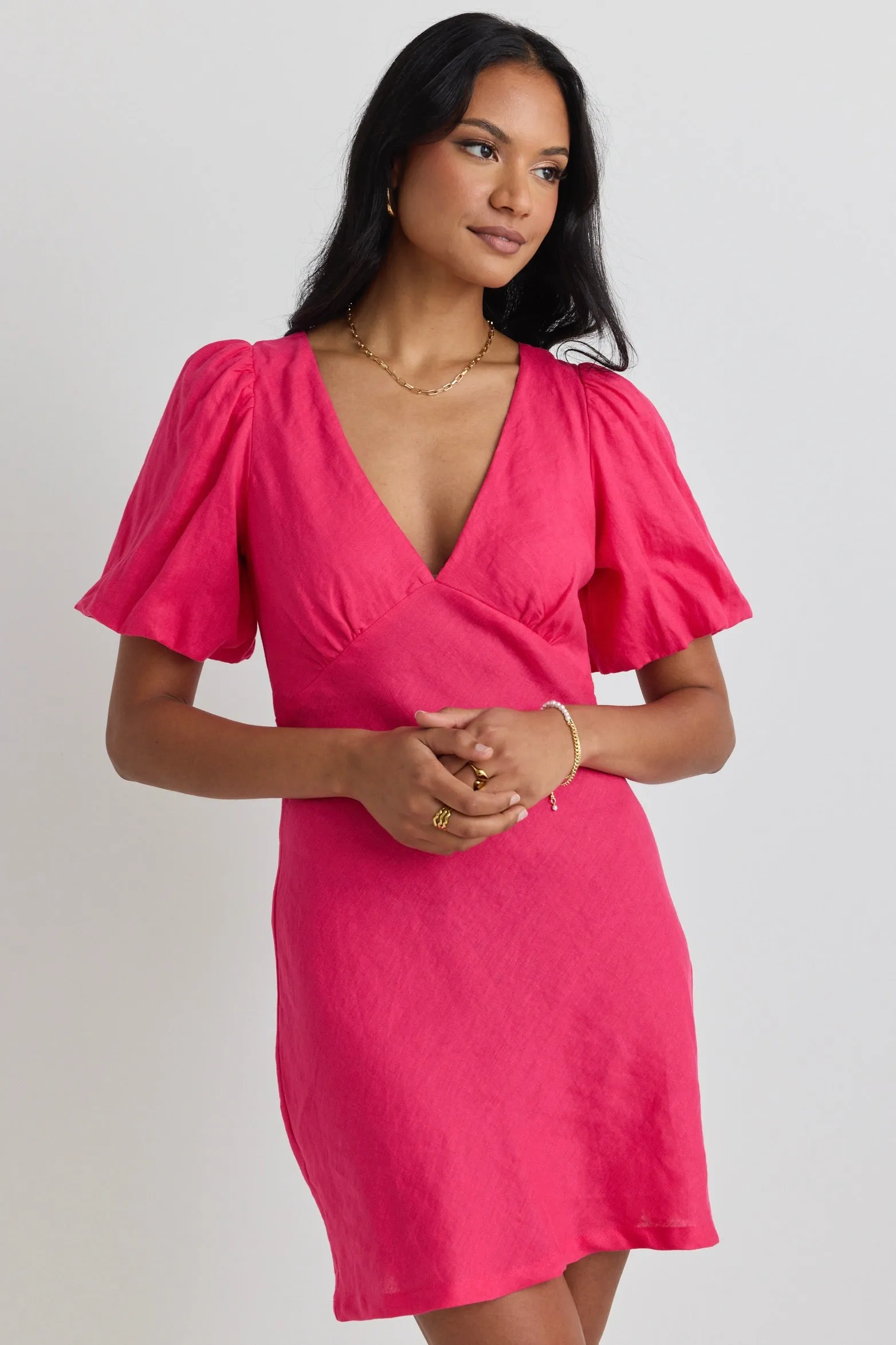 Amour Hot Pink Linen Bubble Sleeve Mini Dress