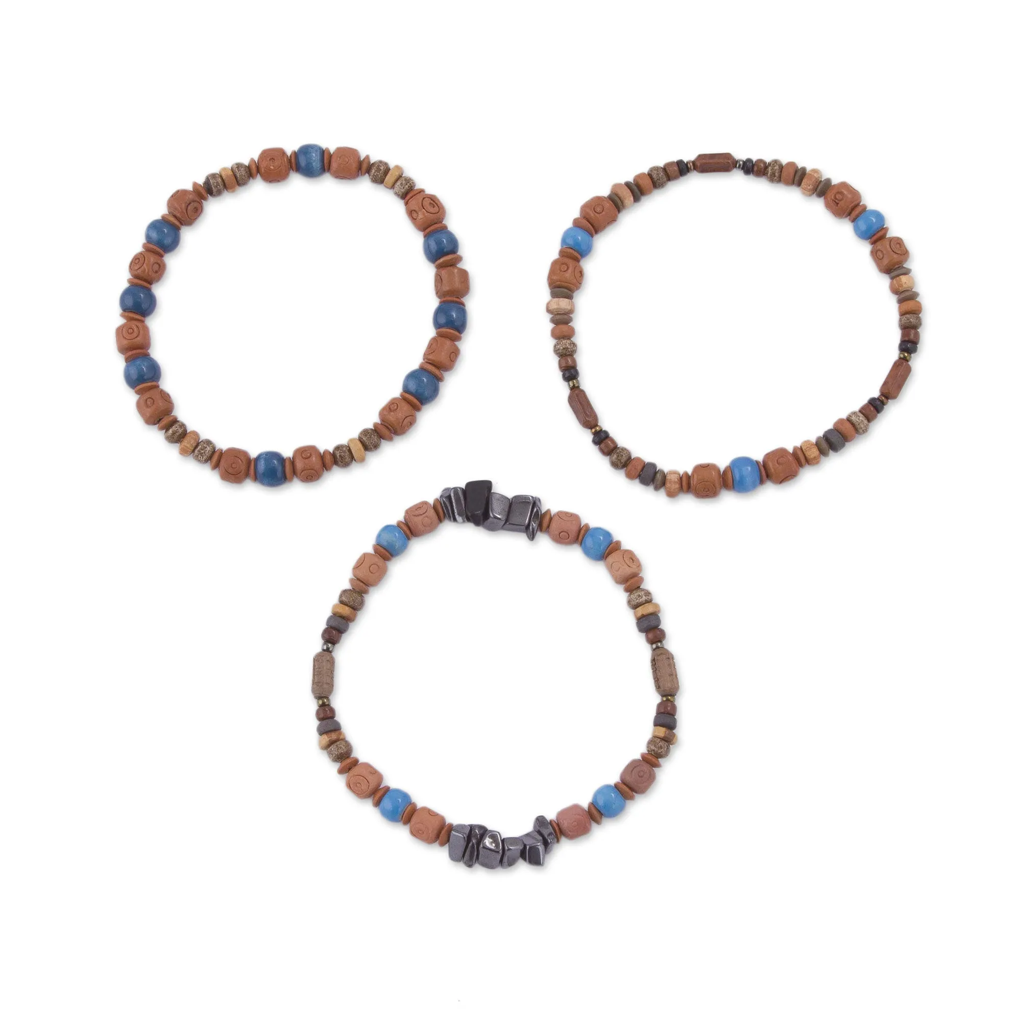 Andean Eyes Three Hematite and Ceramic Beaded Bracelets in Earth Tones