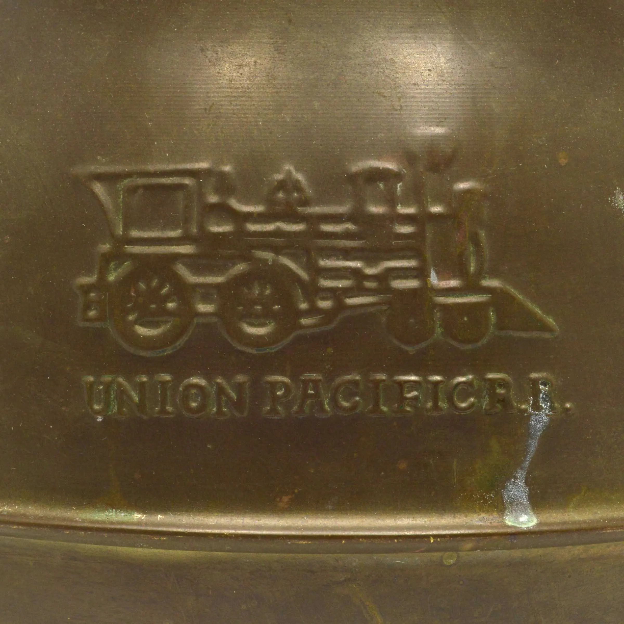 Antique BRASS SPITTOON "UNION PACIFIC R.R." Double-Sided EMBOSSED RAILROAD LOGOS