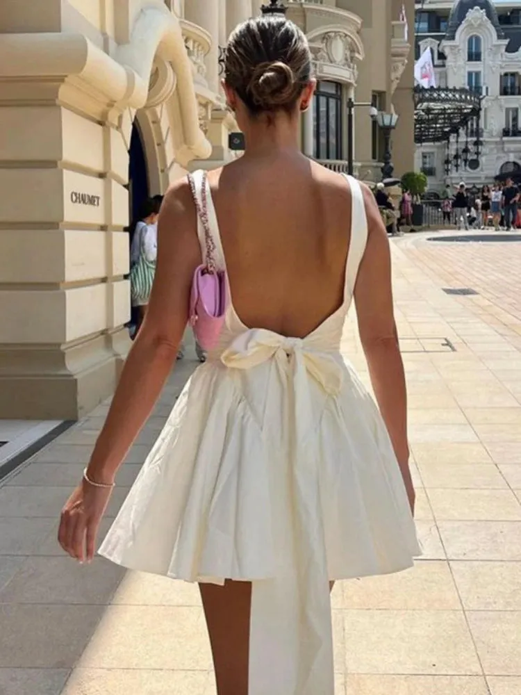 Bandage Backless Bow Splice Folds Elegant High Waist Sundress Lace Up Mini Dress