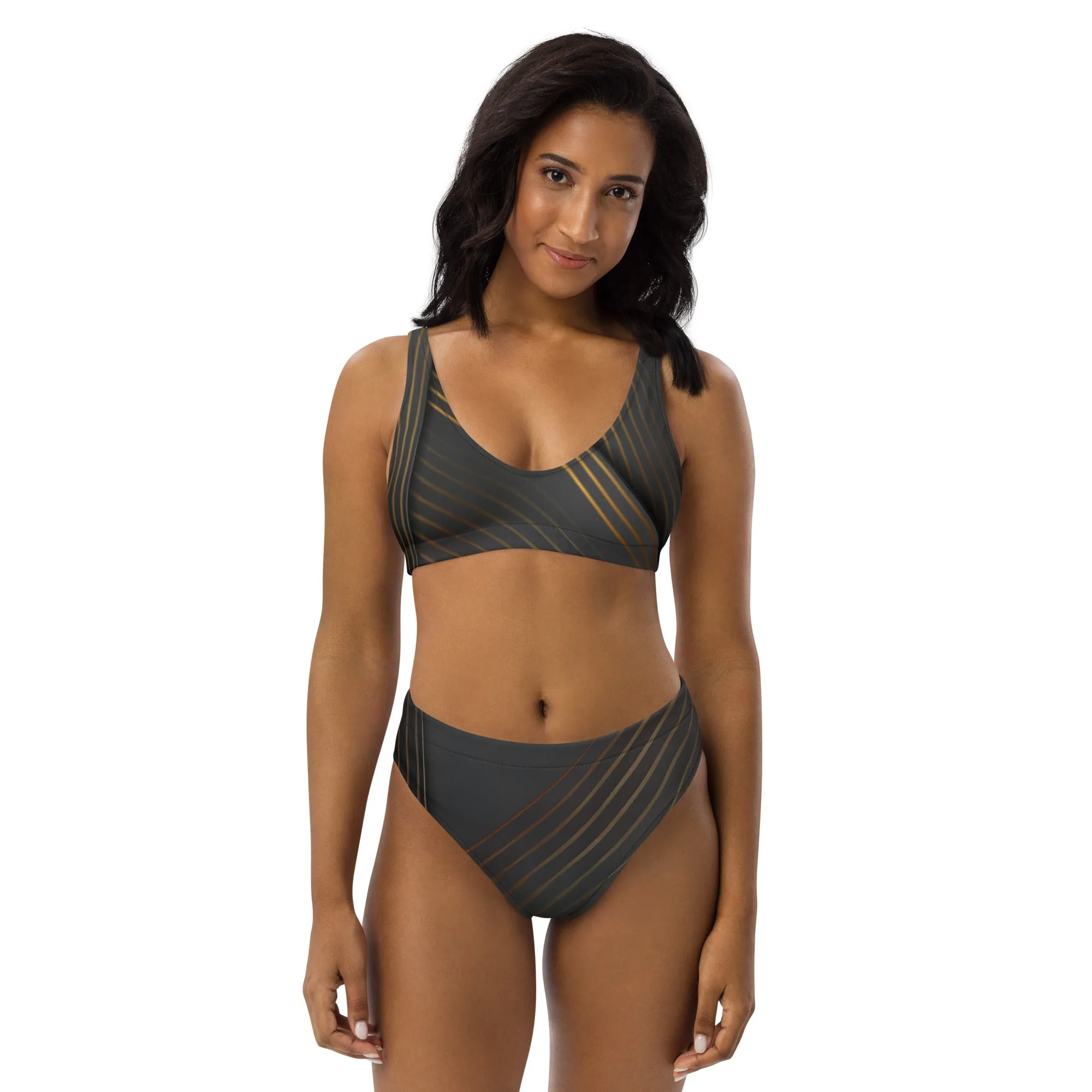 Black & Gold Triangle Print: Summer Must-Have Recycled high-waisted bikini