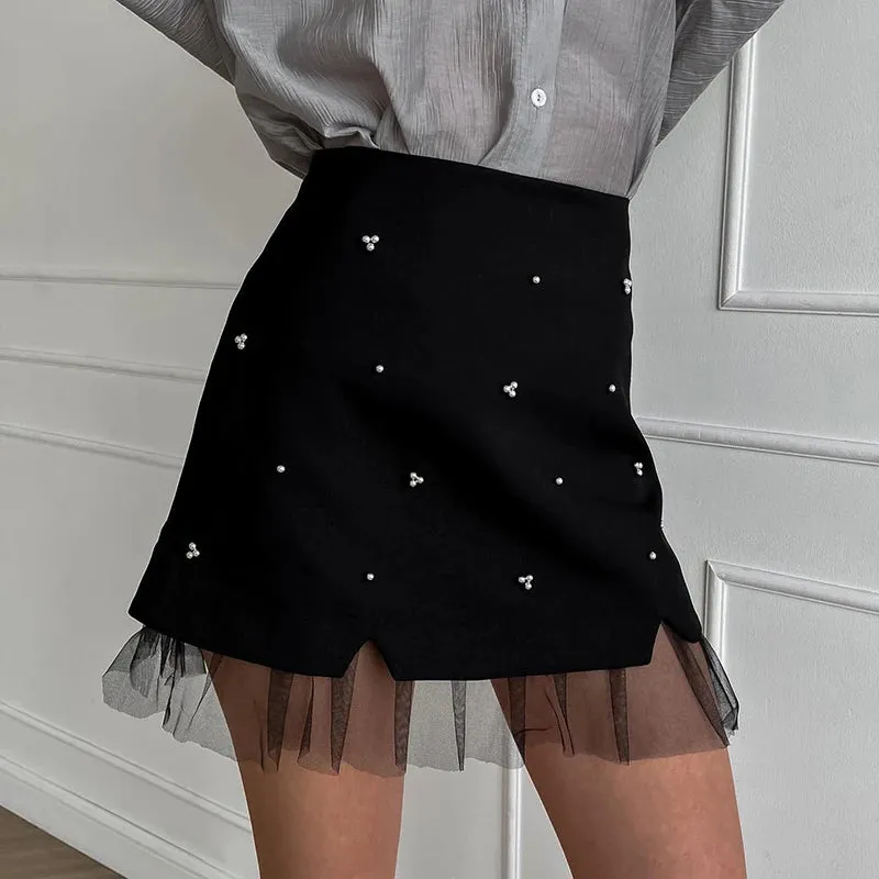 Black Lace Splice Mini Skirt Women Beading High Waisted Sexy Club Party Mini Dress