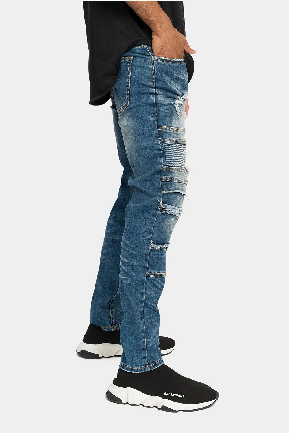 Distressed Stacked Biker Denim Jeans