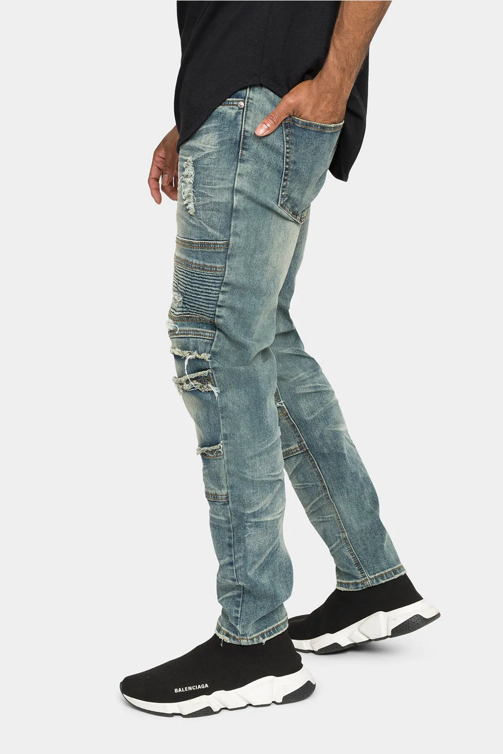 Distressed Stacked Biker Denim Jeans