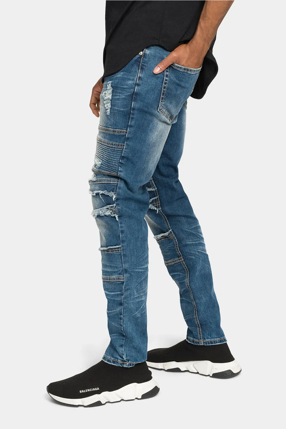 Distressed Stacked Biker Denim Jeans