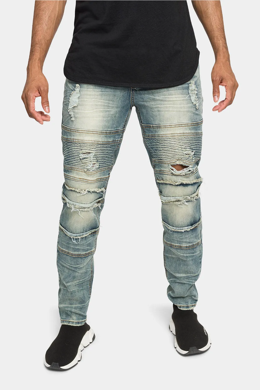 Distressed Stacked Biker Denim Jeans