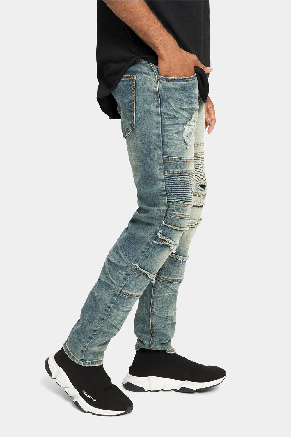 Distressed Stacked Biker Denim Jeans