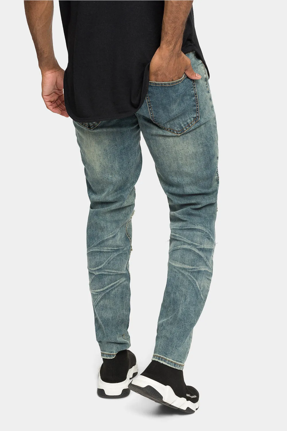 Distressed Stacked Biker Denim Jeans