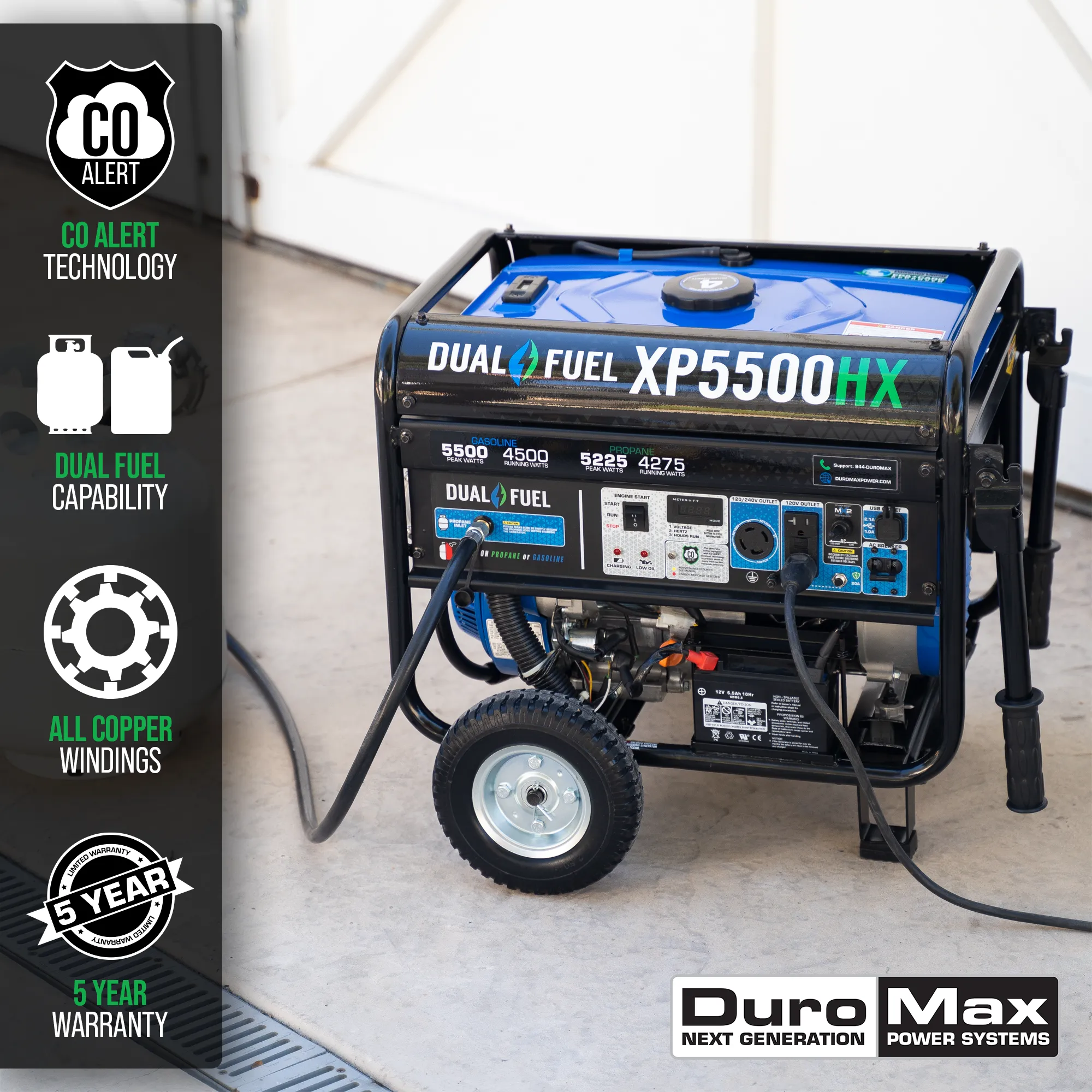 DuroMax XP5500HX 5,500 Watt Portable Dual Fuel Gas Propane CO Alert Generator