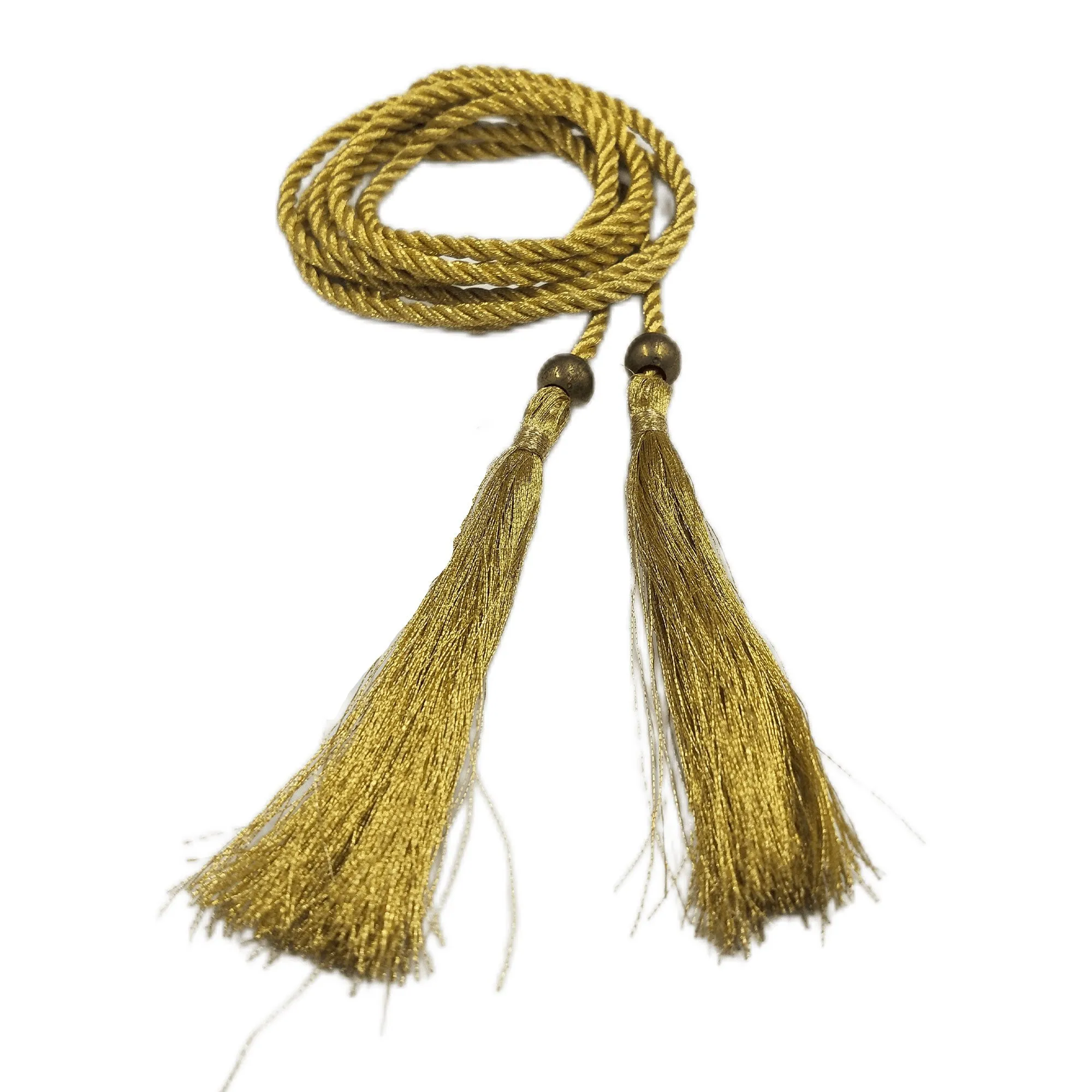 Golden Braided Cotton Cord Rope Waist Belt With Tassel & Beads