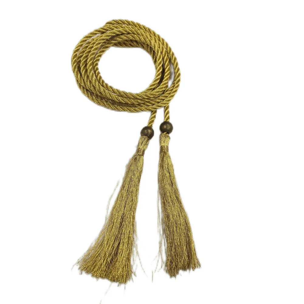 Golden Braided Cotton Cord Rope Waist Belt With Tassel & Beads