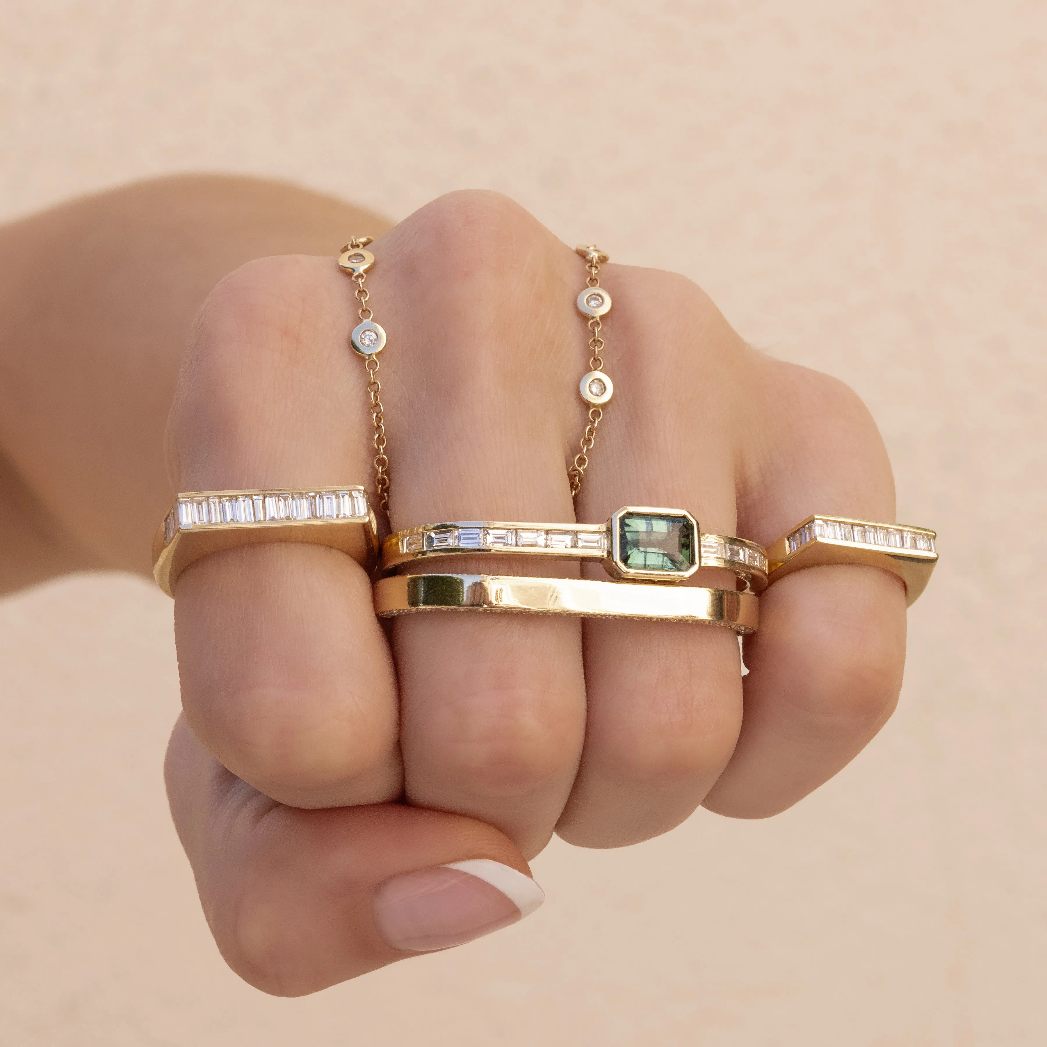 GREEN TOURMALINE BAGUETTE   BAGUETTE DIAMOND DOUBLE KNUCKLE RING