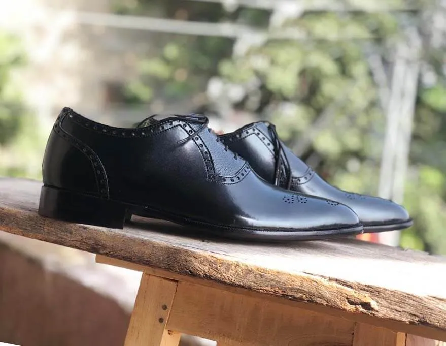 Handmade Men's Black Brogue Toe Leather Lace Up Shoes, Men Designer Dress Formal Luxury Shoes