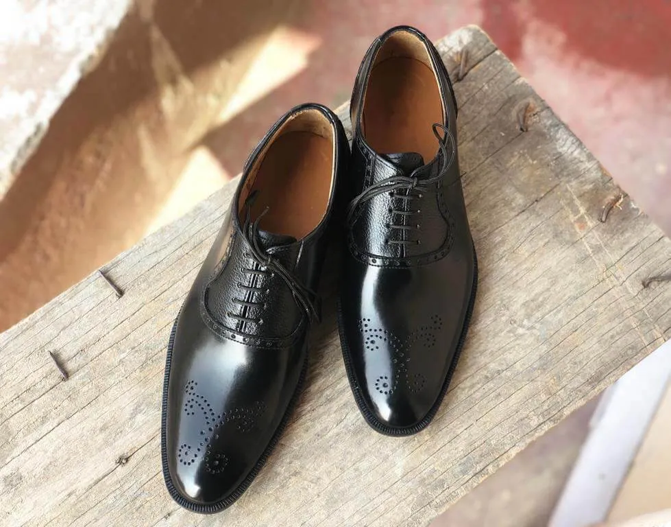 Handmade Men's Black Brogue Toe Leather Lace Up Shoes, Men Designer Dress Formal Luxury Shoes