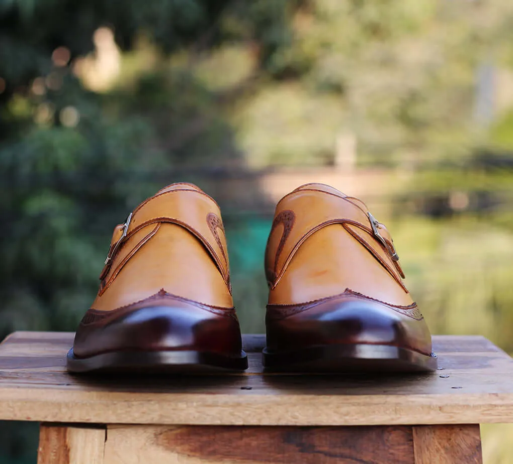 Handmade men's Tan Brown Wingtip Monk Leather Shoes, Men's Monk Dress Shoes