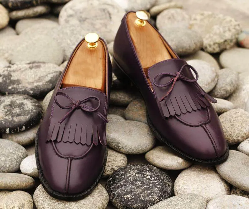 Latest Handmade Men's Purple Leather Fringes & Tussle Loafers, Men Split Toe Dress Formal Shoes