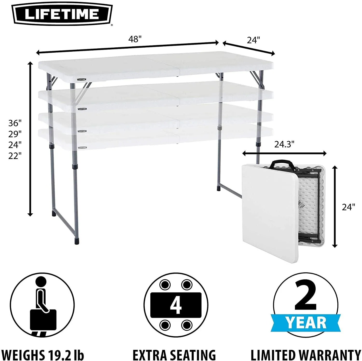 Lifetime Height Adjustable Craft Camping and Utility Folding Table, 4 Foot, 4'/48 X 24, White Granite