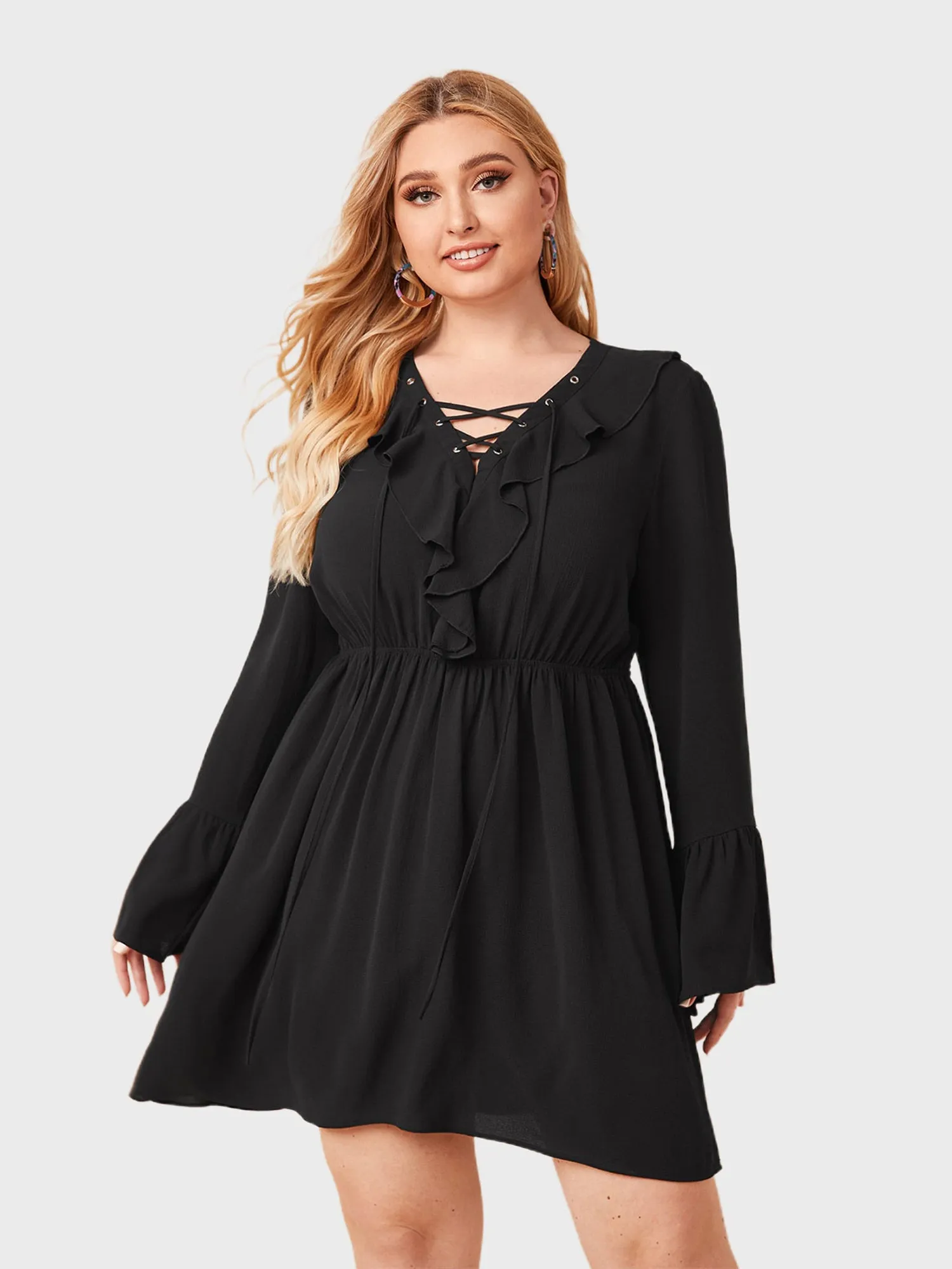 Midsize Ruffle Lace-up Flared Sleeve Dress