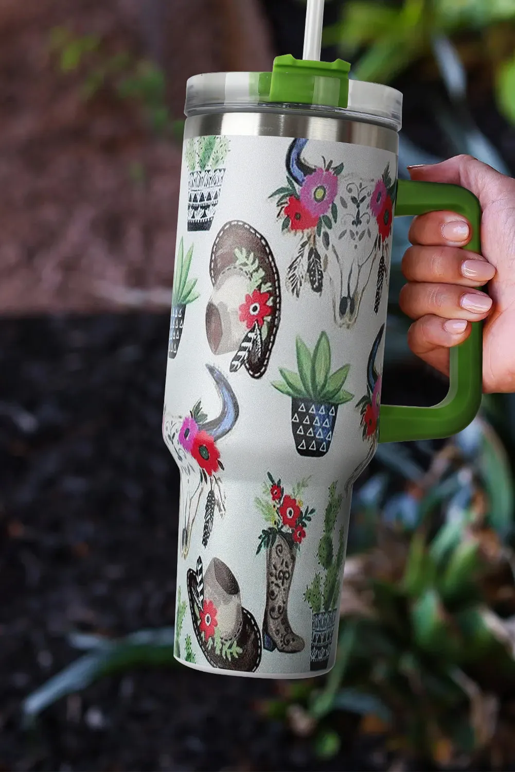 Mint Green Plants Printed Stainless Tumbler with Lid and Straw