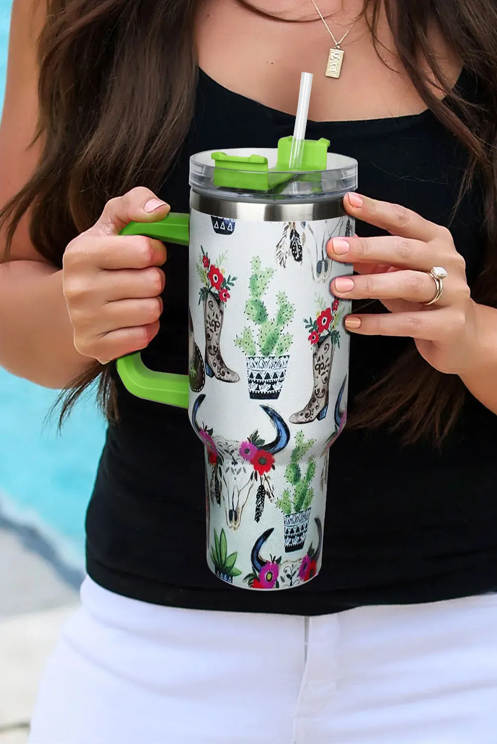 Mint Green Plants Printed Stainless Tumbler with Lid and Straw