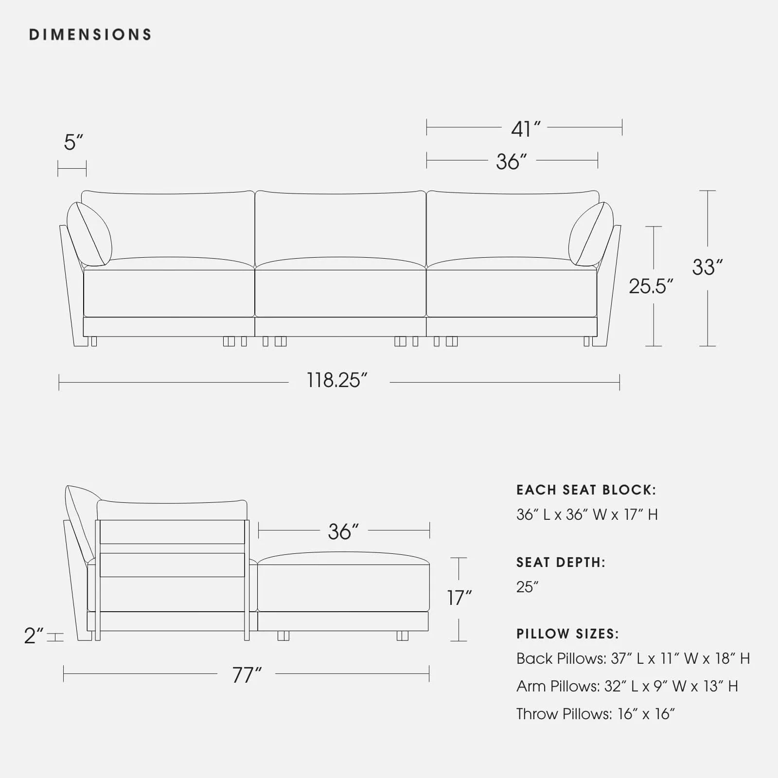 Modular Bondi Black 3-Seater Daybed Sofa Sectional in Powder | Classic Blend