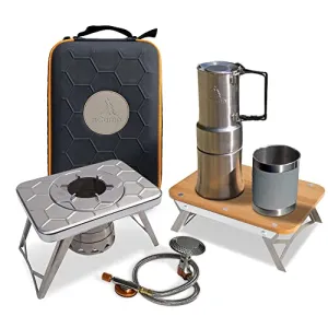 nCamp Kitchen to Go 5 Piece Bundle, Portable Compact Multi-Fuel Burning Camping Stove, ISO Propane Adapter, Elevated Bamboo Cutting Board Prep Surface, Cafe Coffee Maker, Carrying Bag, For Camping