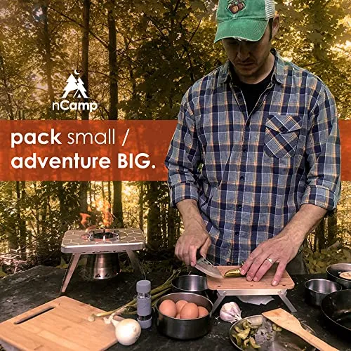 nCamp Kitchen to Go 5 Piece Bundle, Portable Compact Multi-Fuel Burning Camping Stove, ISO Propane Adapter, Elevated Bamboo Cutting Board Prep Surface, Cafe Coffee Maker, Carrying Bag, For Camping