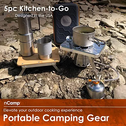 nCamp Kitchen to Go 5 Piece Bundle, Portable Compact Multi-Fuel Burning Camping Stove, ISO Propane Adapter, Elevated Bamboo Cutting Board Prep Surface, Cafe Coffee Maker, Carrying Bag, For Camping