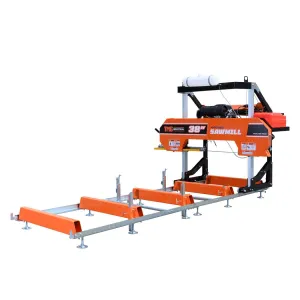 TMG Industrial 38” Portable Sawmill, 14-½’ Track Length, 22 HP V-Twin Engine, 4-Post Carriage, 10 L Water Tank, EPA Certified Fuel Tank, TMG-PSM38