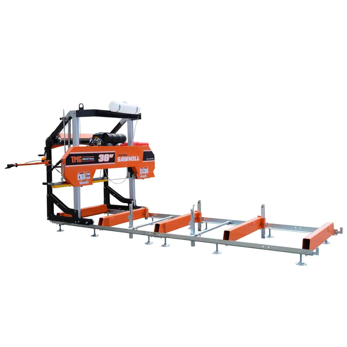 TMG Industrial 38” Portable Sawmill, 14-½’ Track Length, 22 HP V-Twin Engine, 4-Post Carriage, 10 L Water Tank, EPA Certified Fuel Tank, TMG-PSM38