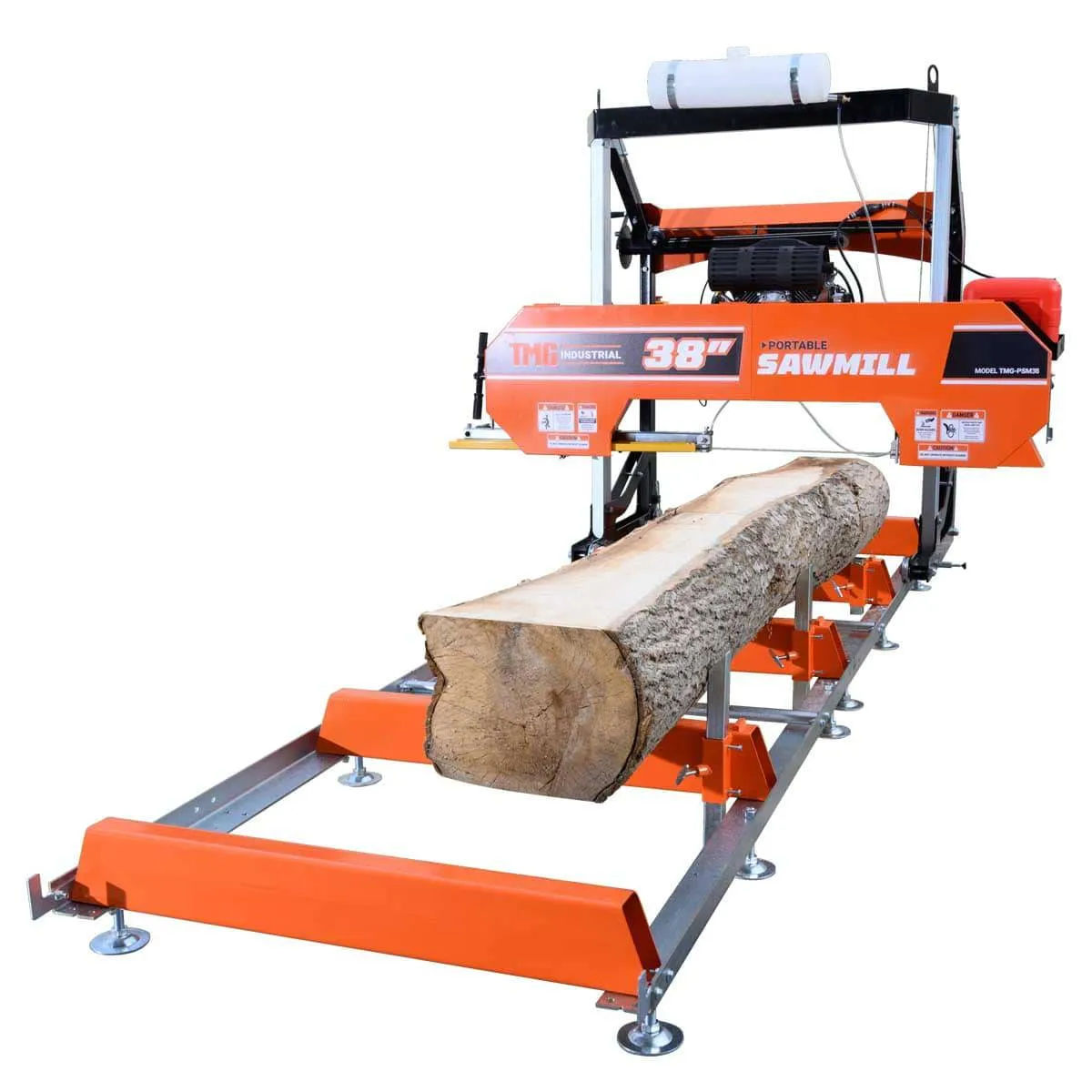 TMG Industrial 38” Portable Sawmill, 14-½’ Track Length, 22 HP V-Twin Engine, 4-Post Carriage, 10 L Water Tank, EPA Certified Fuel Tank, TMG-PSM38