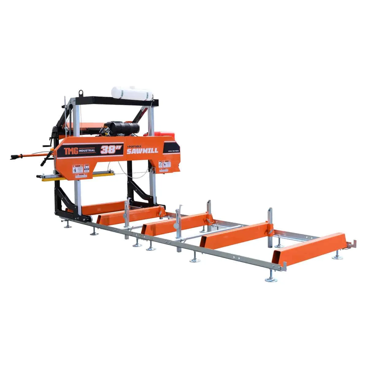 TMG Industrial 38” Portable Sawmill, 14-½’ Track Length, 22 HP V-Twin Engine, 4-Post Carriage, 10 L Water Tank, EPA Certified Fuel Tank, TMG-PSM38